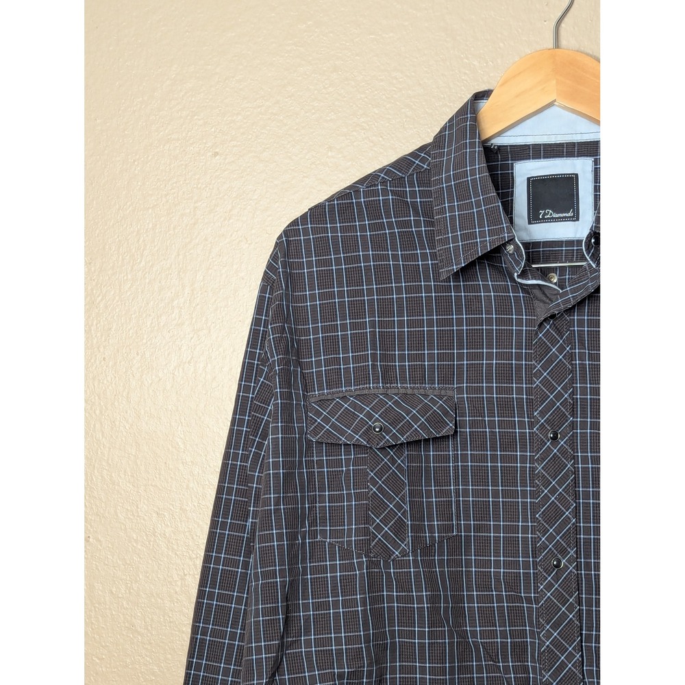 7 Diamonds Button Down Shirt Mens XXL Black Blue Heart Breaker Grid Long Sleeve - Picture 8 of 15